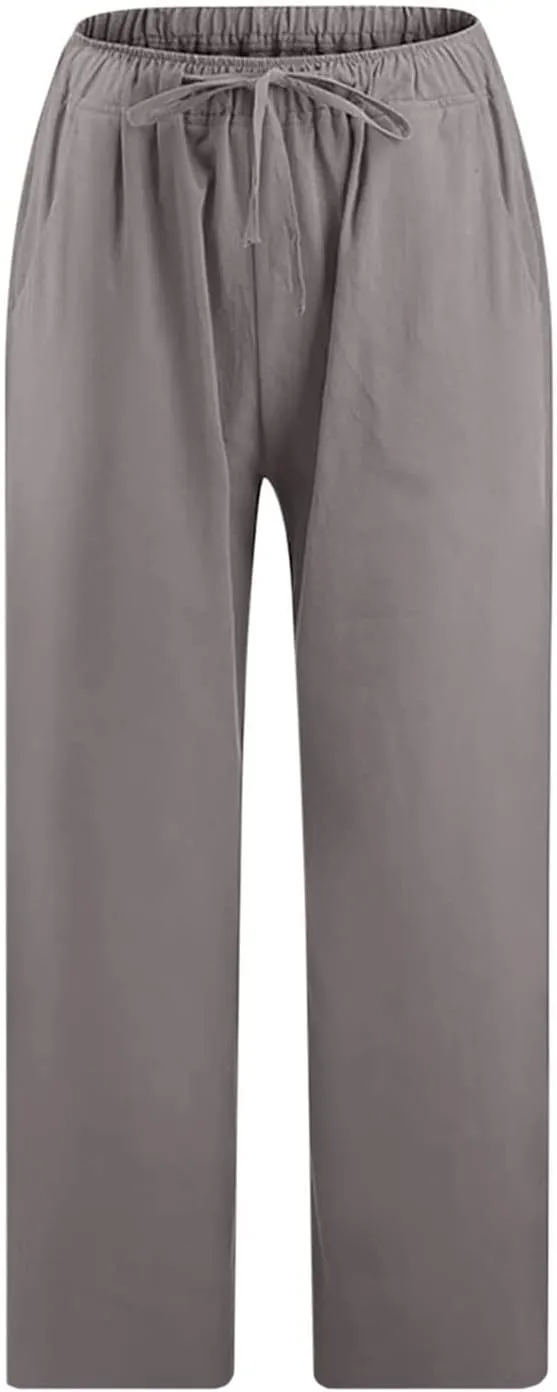 Firzero Linen Pants for Women 2024 Summer Beach Capris Sweatpants Elastic High Waist Yoga Pants Cropped Lounge Pants