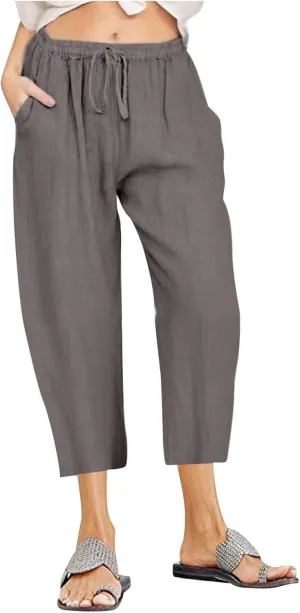 Firzero Linen Pants for Women 2024 Summer Beach Capris Sweatpants Elastic High Waist Yoga Pants Cropped Lounge Pants
