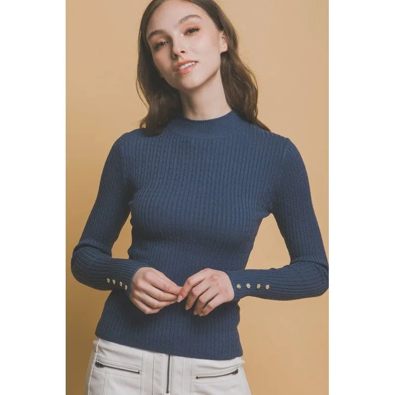 Fitted Ribbed Knit Sweater with Sleeve Buttons