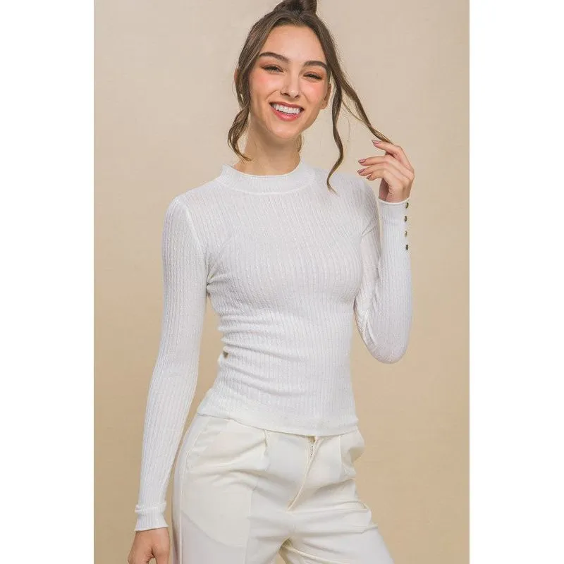 Fitted Ribbed Knit Sweater with Sleeve Buttons