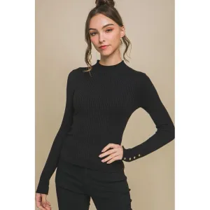 Fitted Ribbed Knit Sweater with Sleeve Buttons