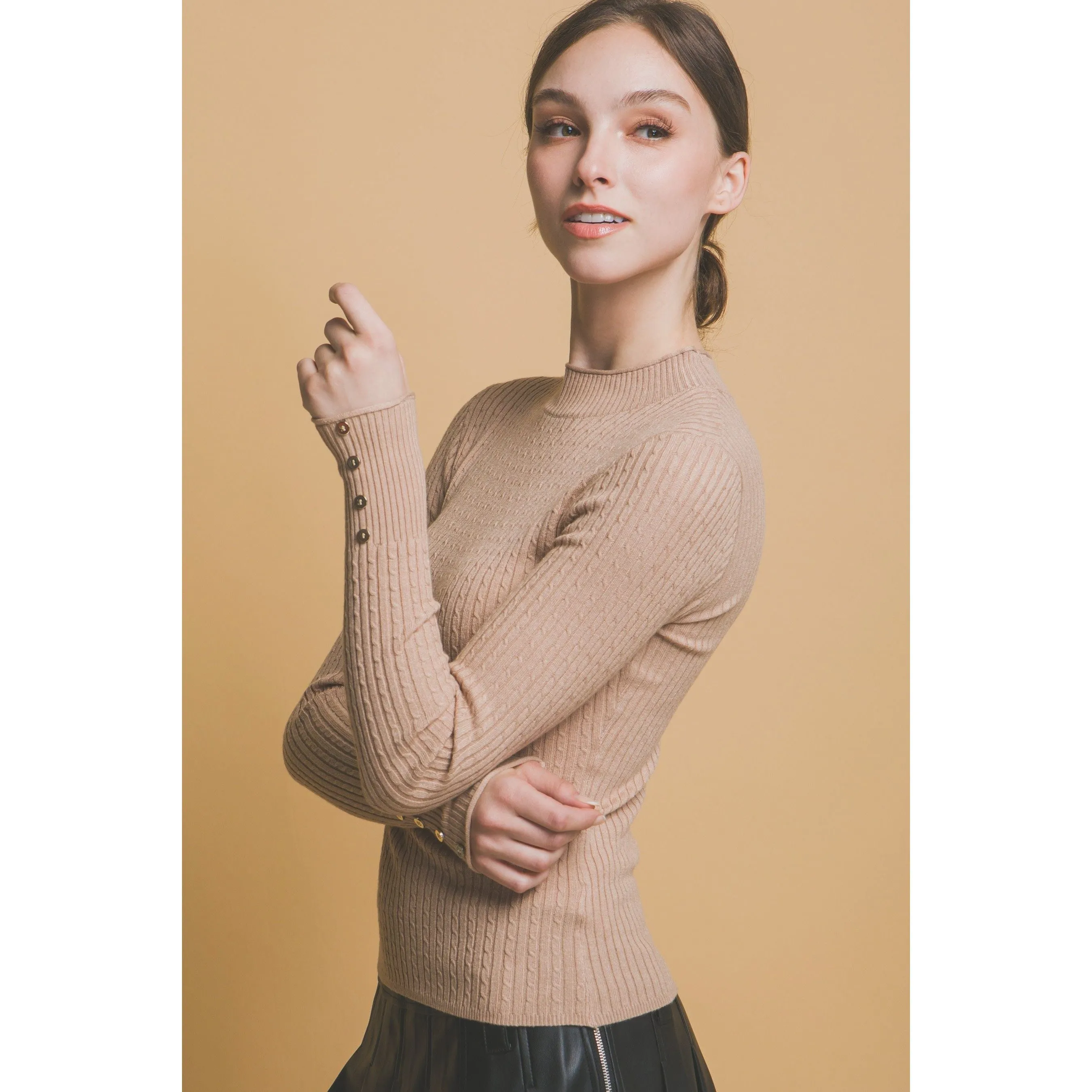 Fitted Ribbed Knit Sweater with Sleeve Buttons