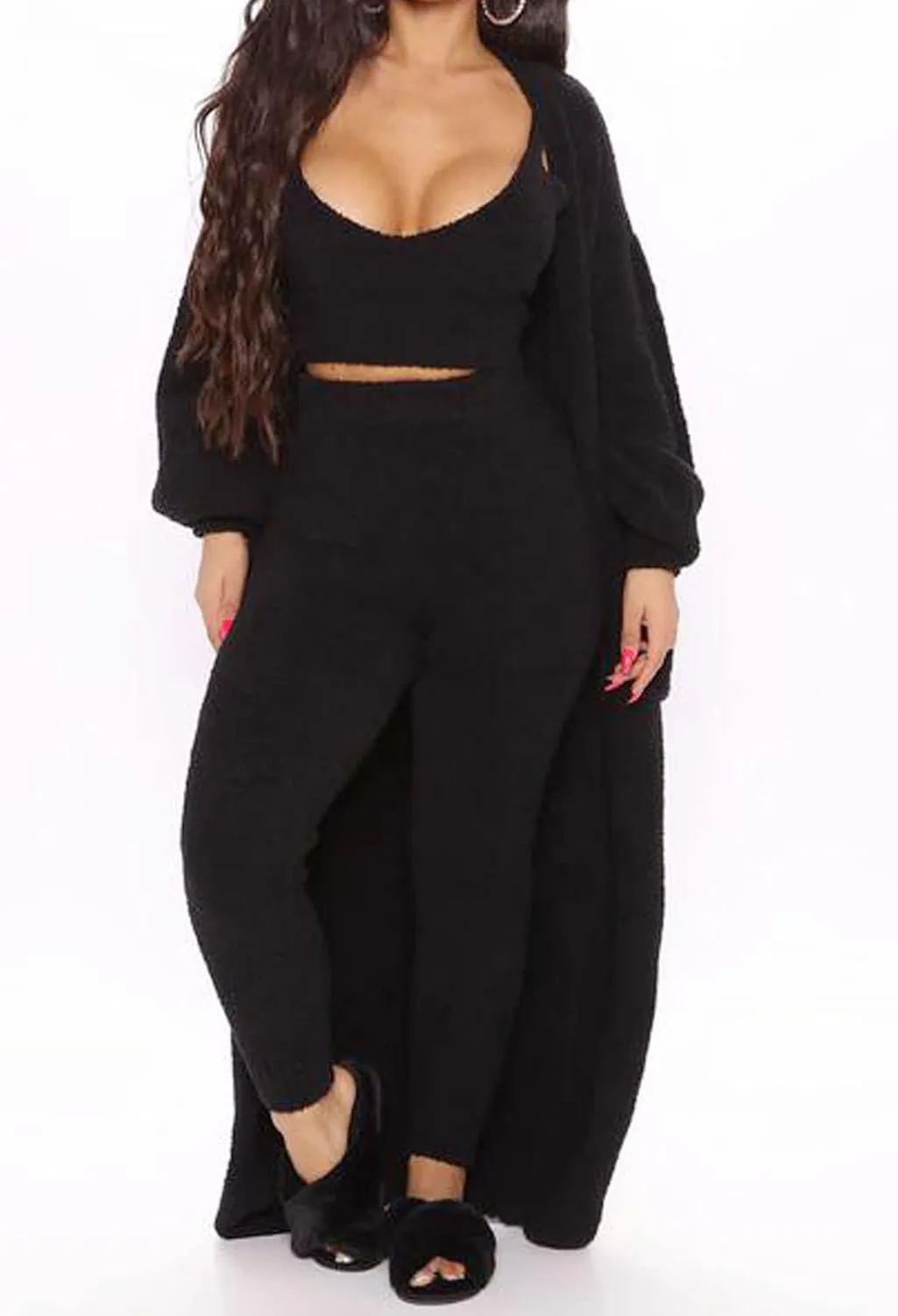 Fixmatti Women's Fuzzy Fleece 3 Piece Lounge Set Crop Tops Leggings Long Cardigan Knitted Sweatsuit Outfits