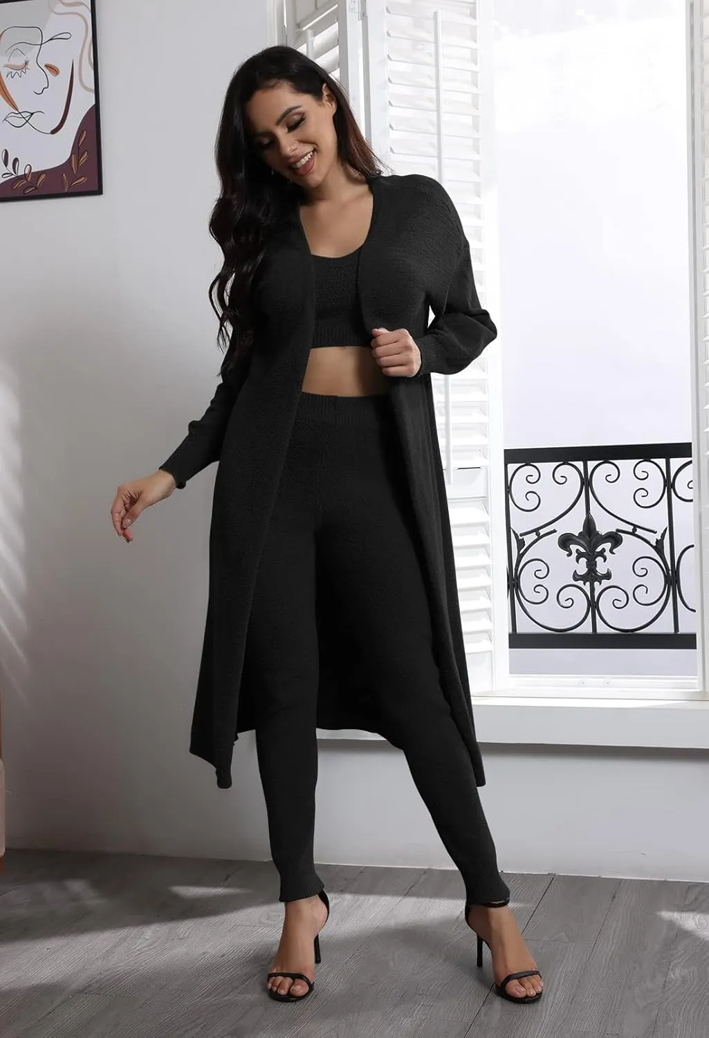Fixmatti Women's Fuzzy Fleece 3 Piece Lounge Set Crop Tops Leggings Long Cardigan Knitted Sweatsuit Outfits
