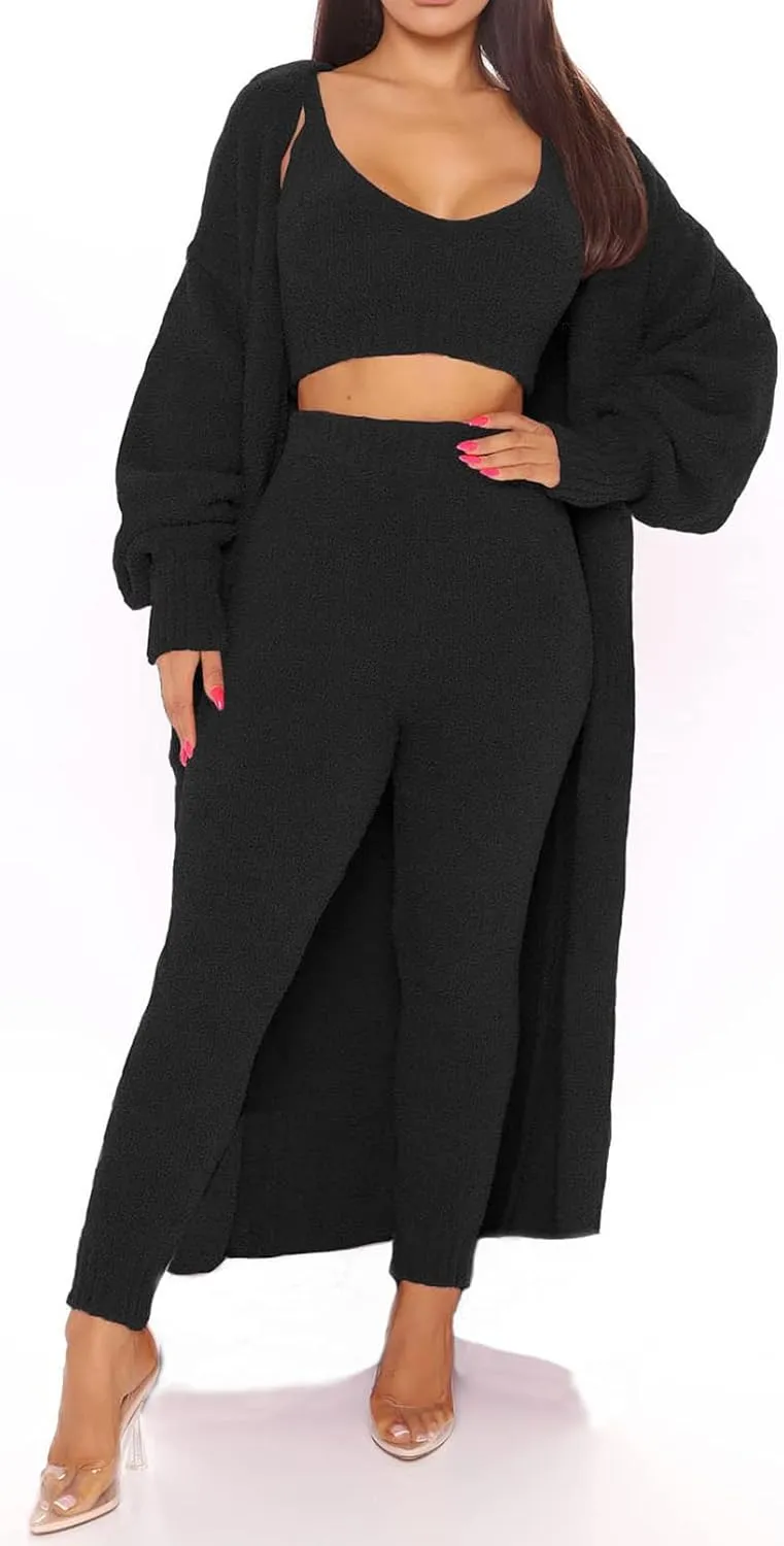 Fixmatti Women's Fuzzy Fleece 3 Piece Lounge Set Crop Tops Leggings Long Cardigan Knitted Sweatsuit Outfits