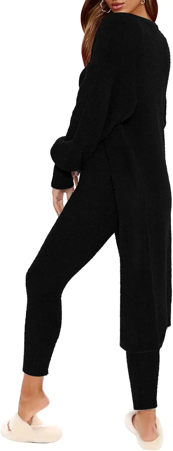Fixmatti Women's Fuzzy Fleece 3 Piece Lounge Set Crop Tops Leggings Long Cardigan Knitted Sweatsuit Outfits