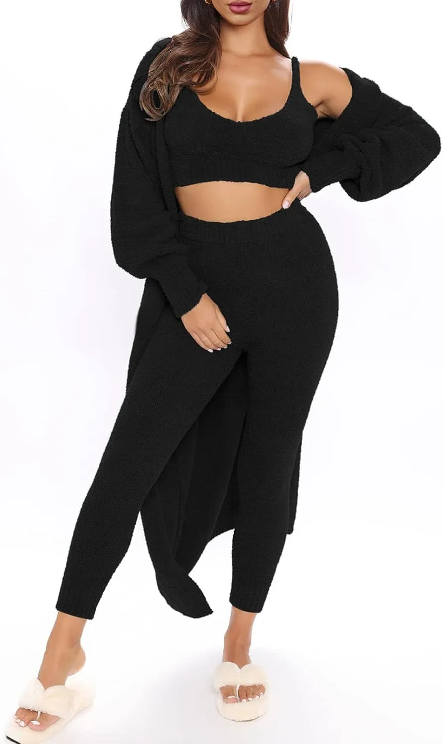 Fixmatti Women's Fuzzy Fleece 3 Piece Lounge Set Crop Tops Leggings Long Cardigan Knitted Sweatsuit Outfits