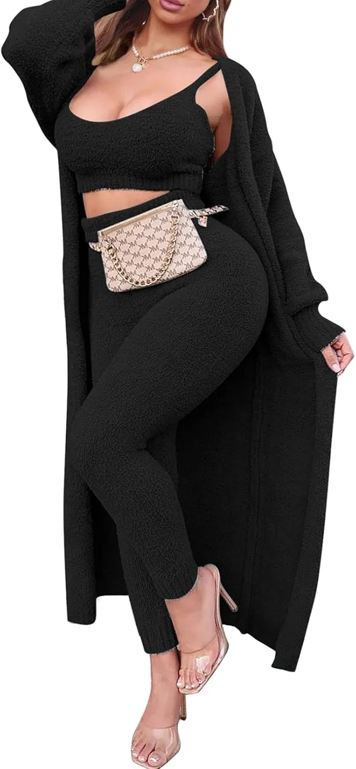 Fixmatti Women's Fuzzy Fleece 3 Piece Lounge Set Crop Tops Leggings Long Cardigan Knitted Sweatsuit Outfits