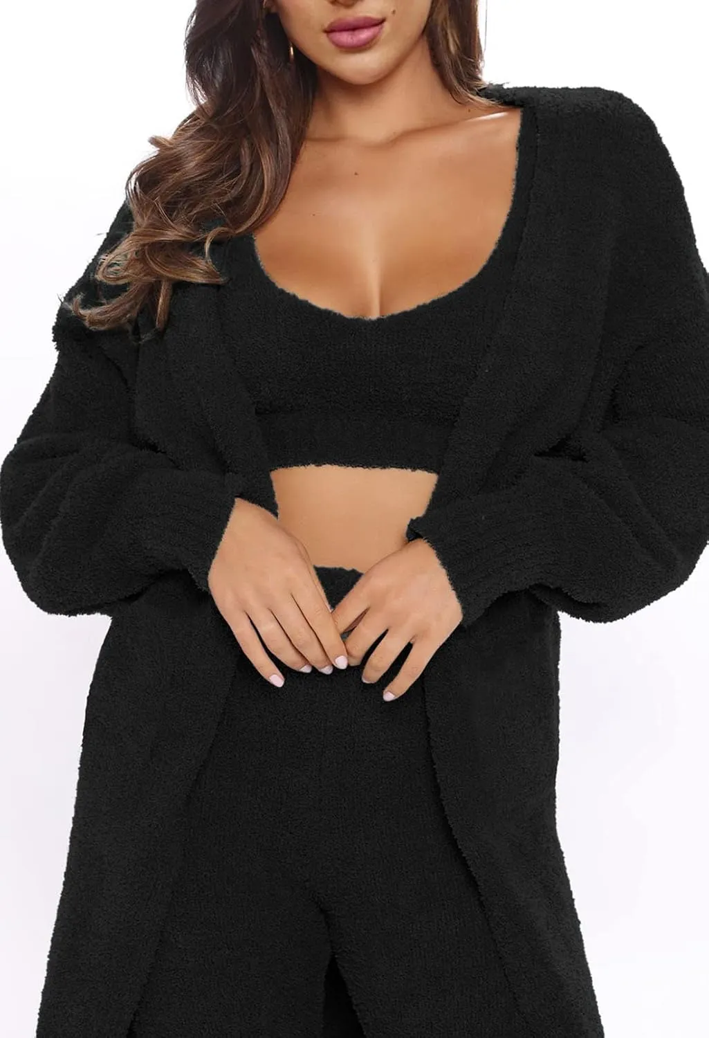 Fixmatti Women's Fuzzy Fleece 3 Piece Lounge Set Crop Tops Leggings Long Cardigan Knitted Sweatsuit Outfits