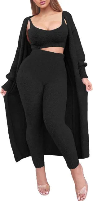 Fixmatti Women's Fuzzy Fleece 3 Piece Lounge Set Crop Tops Leggings Long Cardigan Knitted Sweatsuit Outfits
