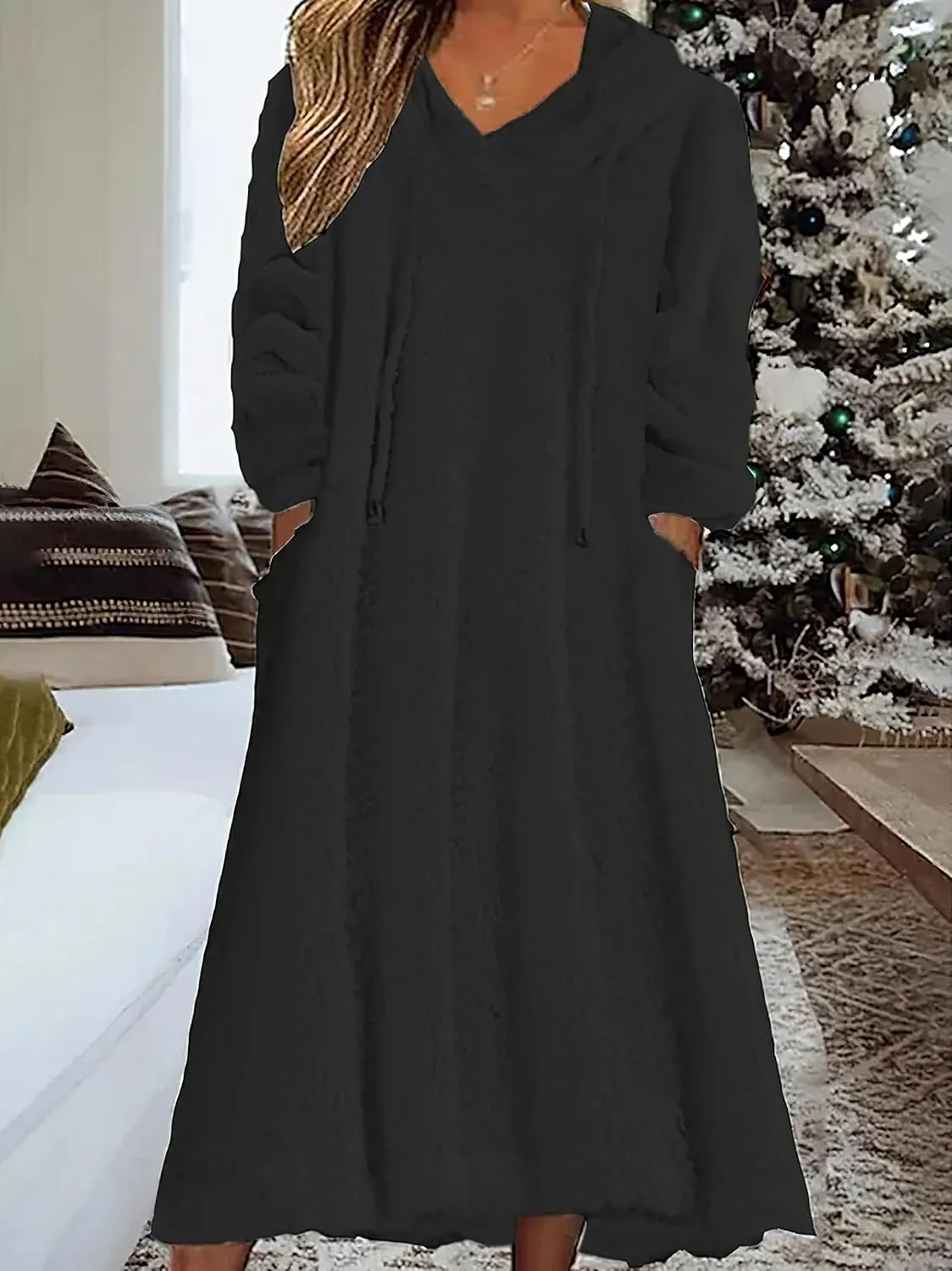 Fleece Hooded Dress for Women Plush Fuzzy Sherpa Sweatshirt Robe Fluffy Granular Oversized Nightgown Pullover Lounger