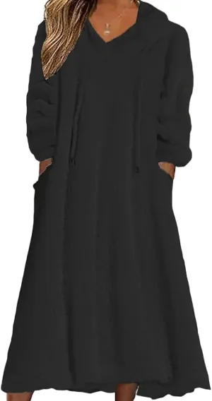 Fleece Hooded Dress for Women Plush Fuzzy Sherpa Sweatshirt Robe Fluffy Granular Oversized Nightgown Pullover Lounger