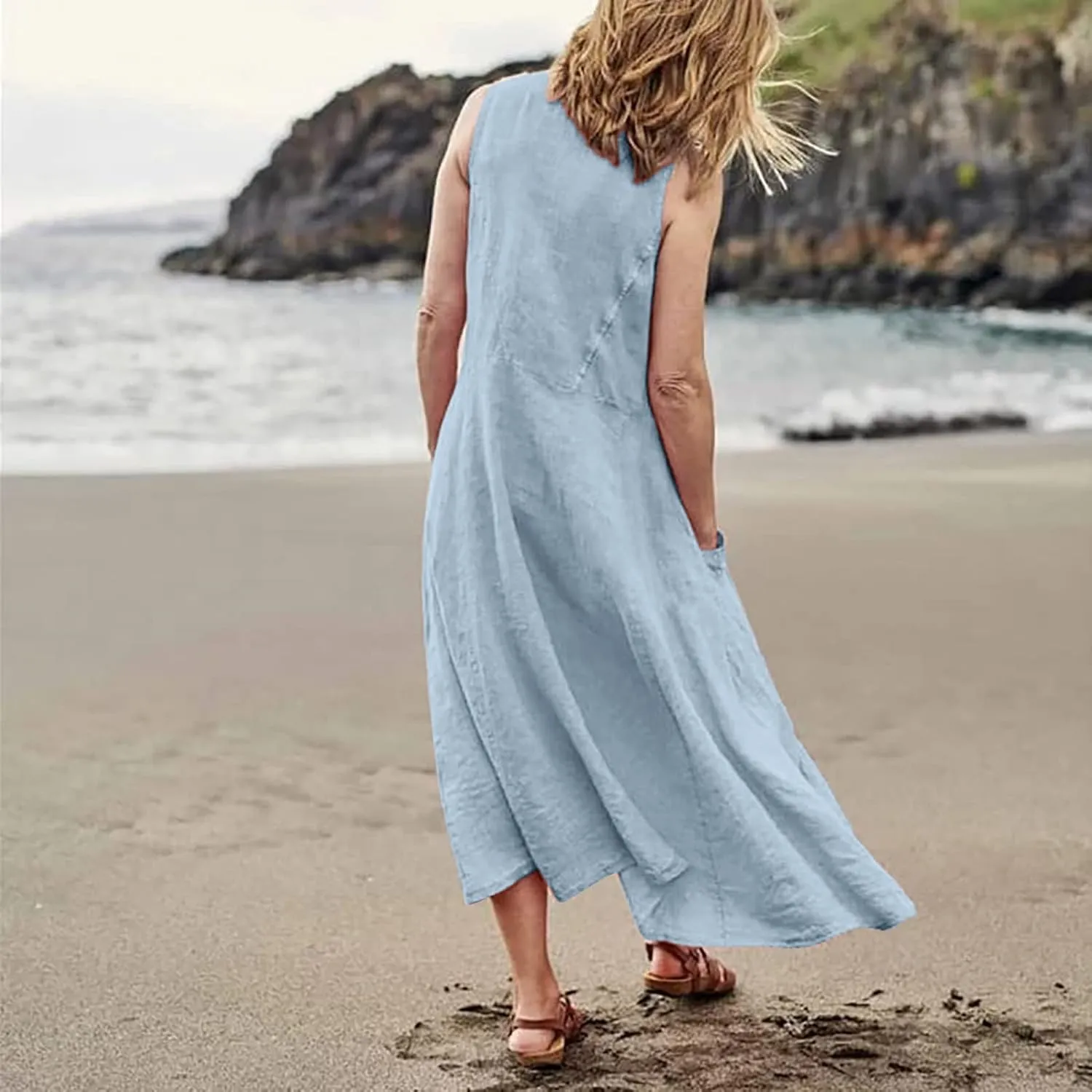 FlekmanArt Women Cotton and Linen Shirt Dress 2023 Summer U Neck Sleeveless Dress Trendy Solid Flowy Beach Dress with Pocket