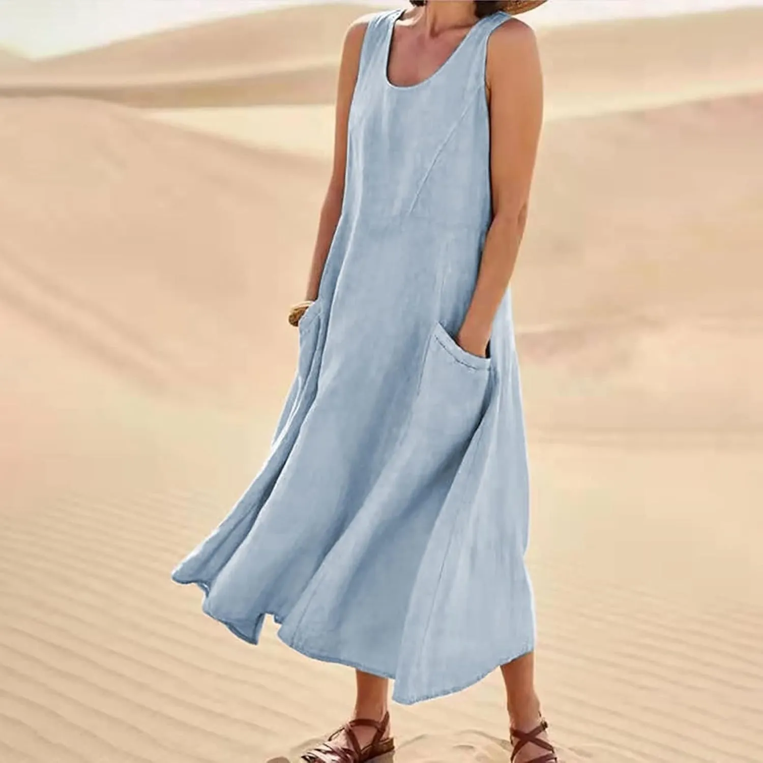 FlekmanArt Women Cotton and Linen Shirt Dress 2023 Summer U Neck Sleeveless Dress Trendy Solid Flowy Beach Dress with Pocket