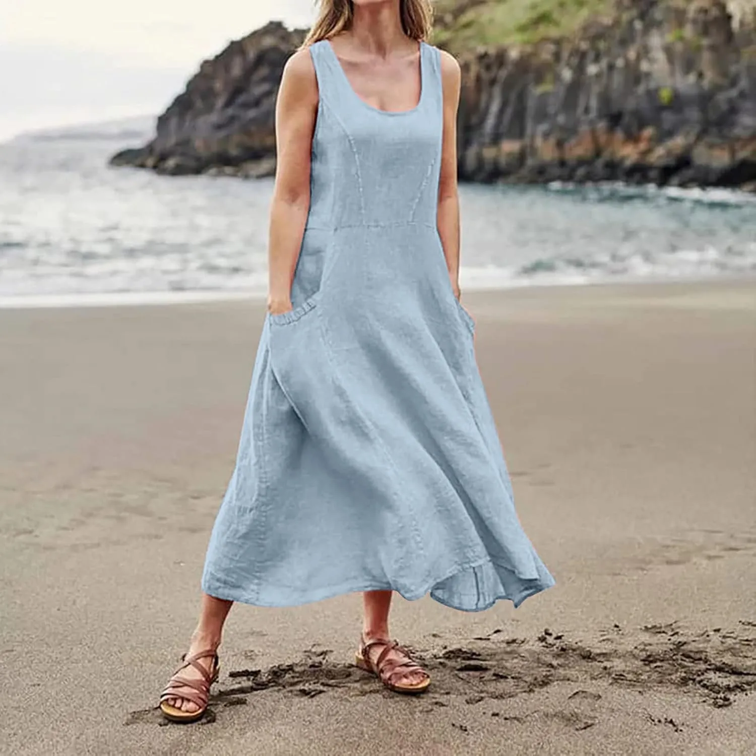 FlekmanArt Women Cotton and Linen Shirt Dress 2023 Summer U Neck Sleeveless Dress Trendy Solid Flowy Beach Dress with Pocket