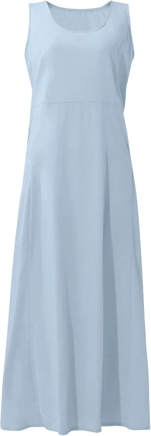 FlekmanArt Women Cotton and Linen Shirt Dress 2023 Summer U Neck Sleeveless Dress Trendy Solid Flowy Beach Dress with Pocket