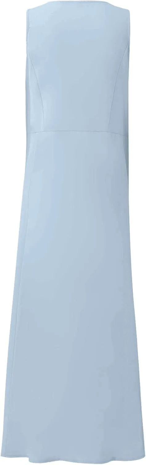 FlekmanArt Women Cotton and Linen Shirt Dress 2023 Summer U Neck Sleeveless Dress Trendy Solid Flowy Beach Dress with Pocket