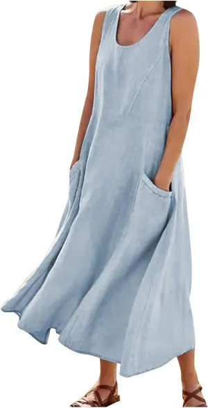 FlekmanArt Women Cotton and Linen Shirt Dress 2023 Summer U Neck Sleeveless Dress Trendy Solid Flowy Beach Dress with Pocket