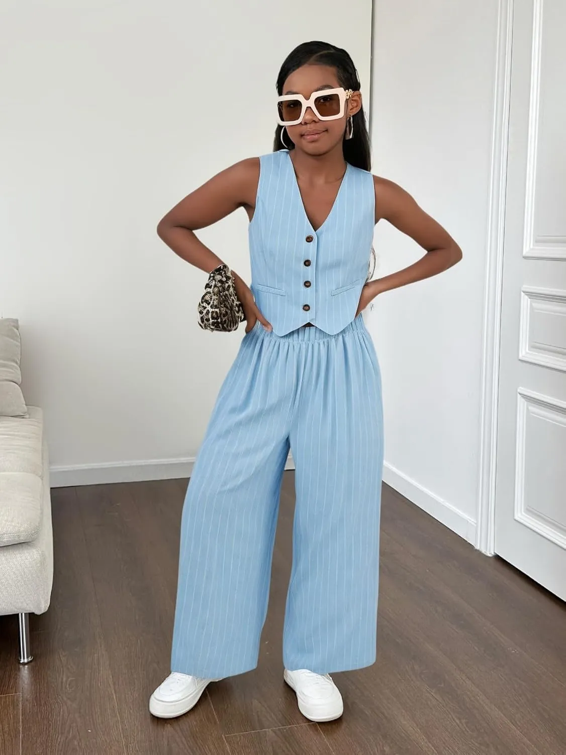 Floerns Girl's 2 Piece Outfit Sleeveless V Neck Blazer Vest and Wide Leg Pants Set