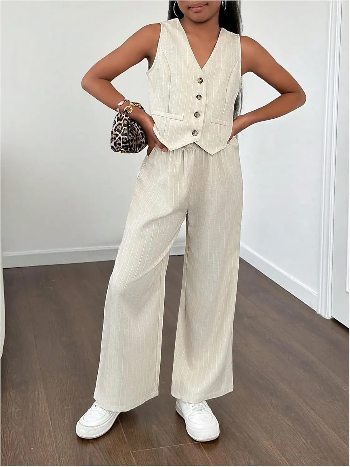 Floerns Girl's 2 Piece Outfit Sleeveless V Neck Blazer Vest and Wide Leg Pants Set
