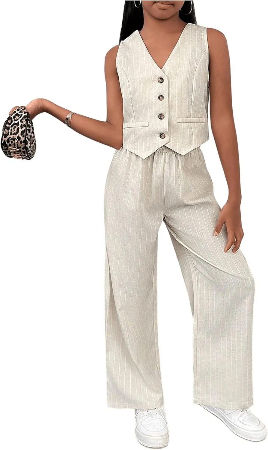 Floerns Girl's 2 Piece Outfit Sleeveless V Neck Blazer Vest and Wide Leg Pants Set