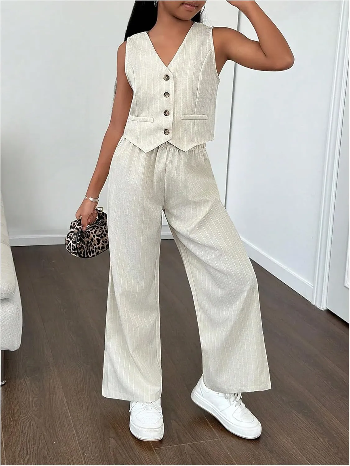 Floerns Girl's 2 Piece Outfit Sleeveless V Neck Blazer Vest and Wide Leg Pants Set
