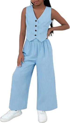 Floerns Girl's 2 Piece Outfit Sleeveless V Neck Blazer Vest and Wide Leg Pants Set