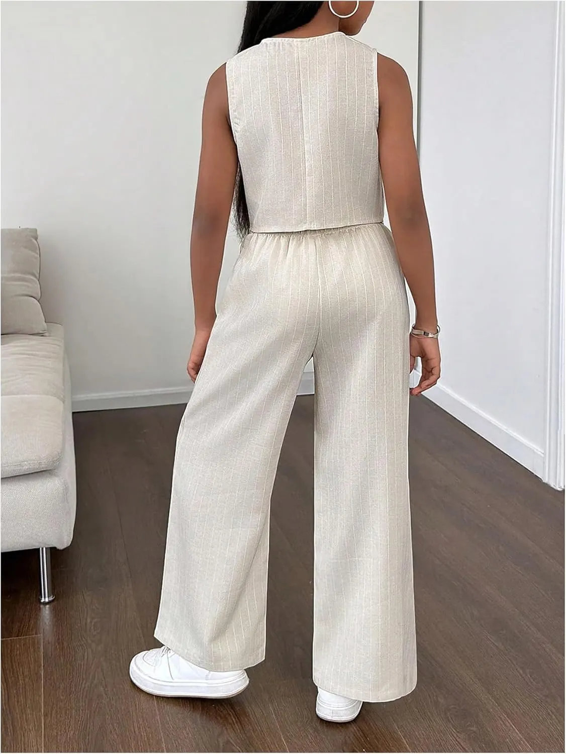 Floerns Girl's 2 Piece Outfit Sleeveless V Neck Blazer Vest and Wide Leg Pants Set