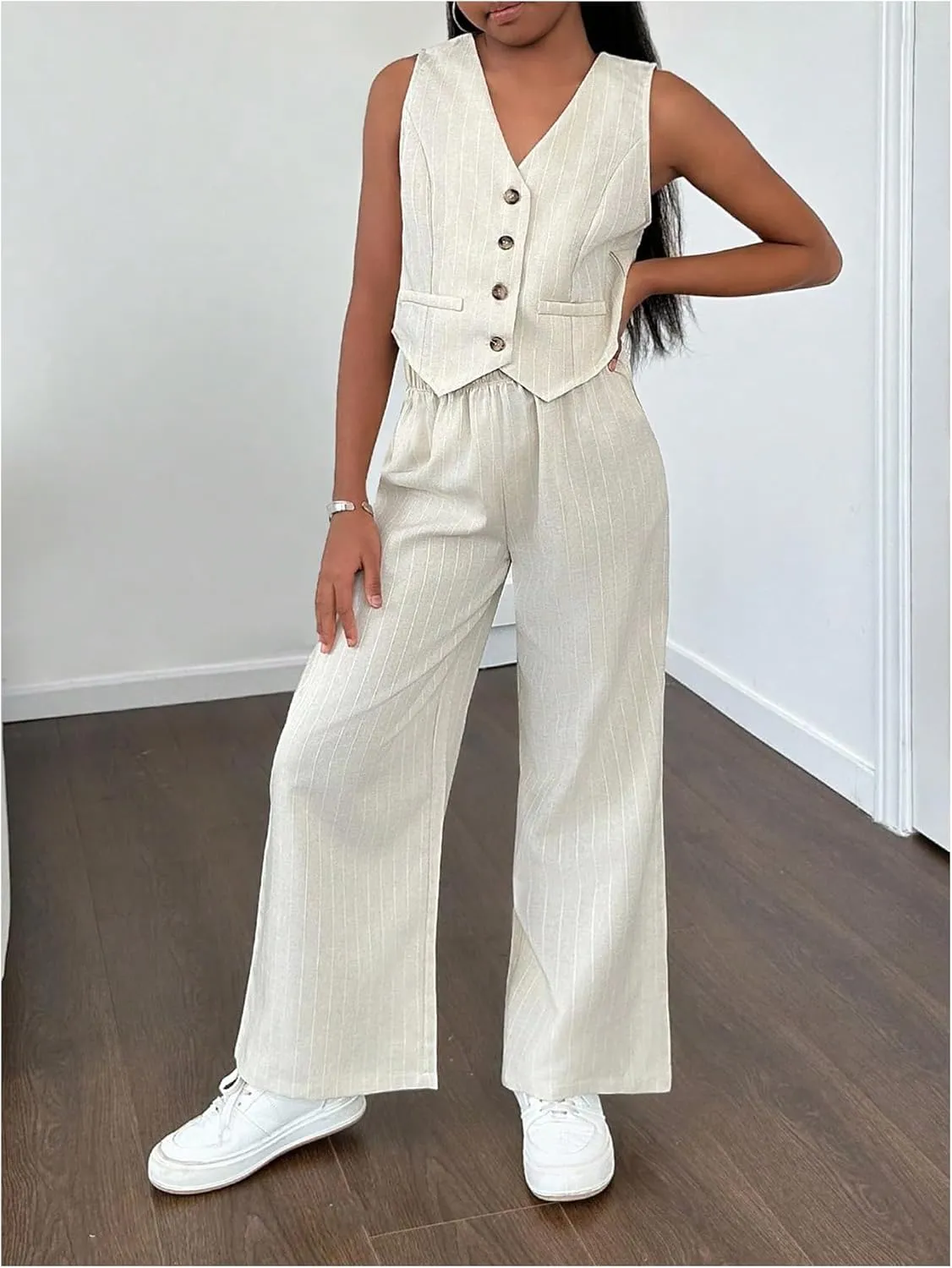 Floerns Girl's 2 Piece Outfit Sleeveless V Neck Blazer Vest and Wide Leg Pants Set