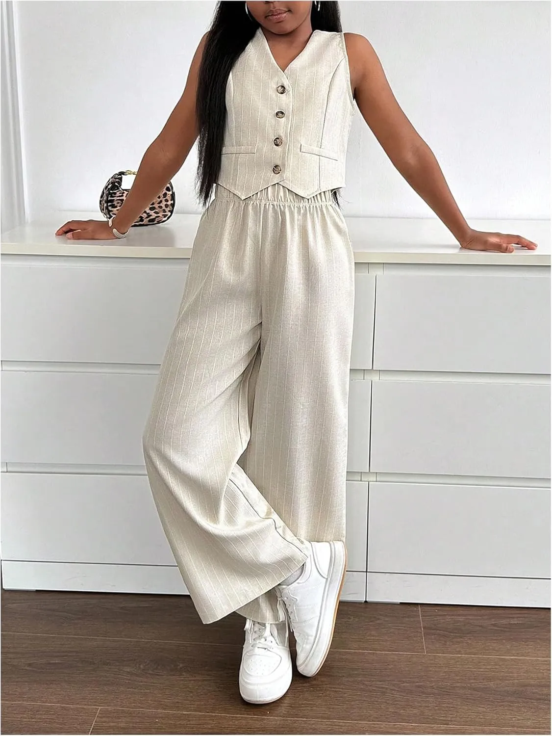 Floerns Girl's 2 Piece Outfit Sleeveless V Neck Blazer Vest and Wide Leg Pants Set