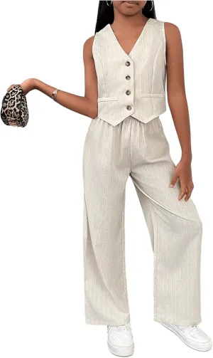 Floerns Girl's 2 Piece Outfit Sleeveless V Neck Blazer Vest and Wide Leg Pants Set