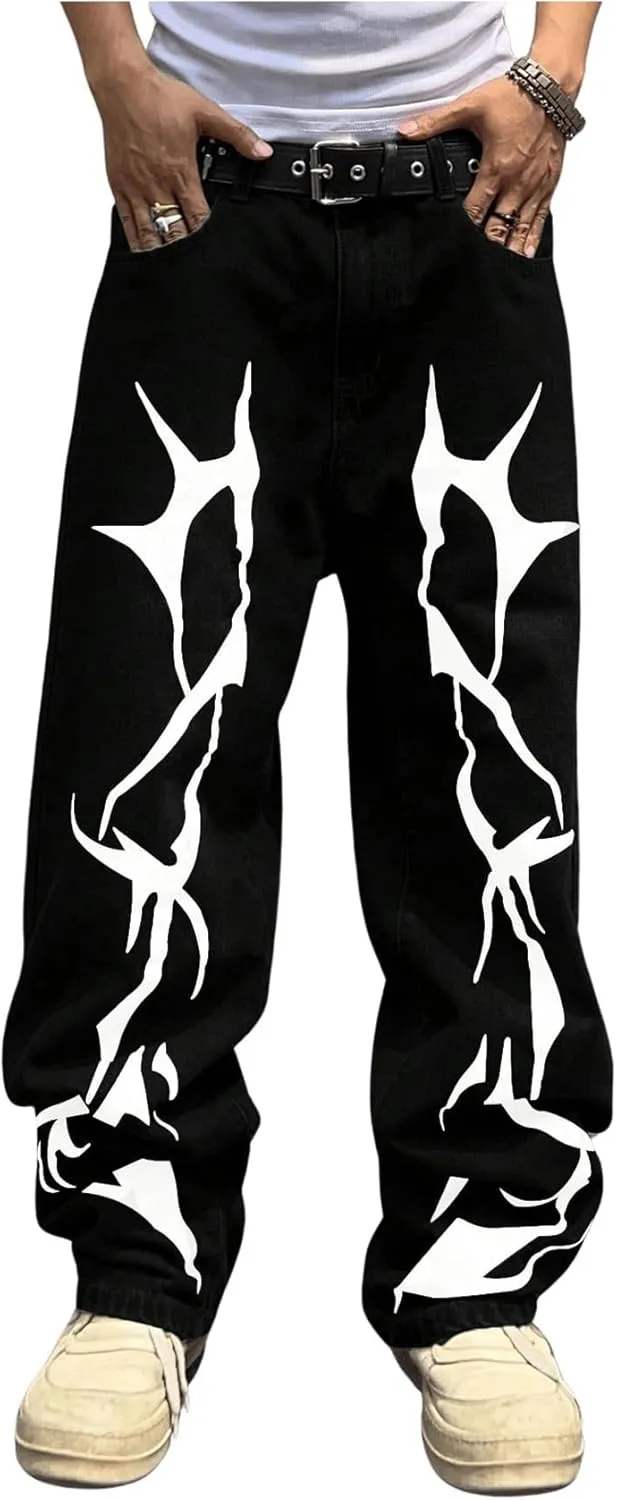 Floerns Men's Graphic Print Jeans Wide Leg Y2k Streetwear Baggy Denim Pants