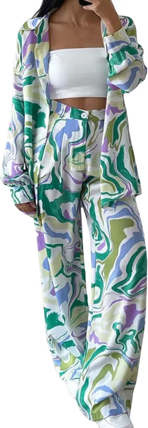 Floerns Women's 2 Piece Long Sleeve Button Down Shirts Wide Leg Loose Pants Streetwear Sets