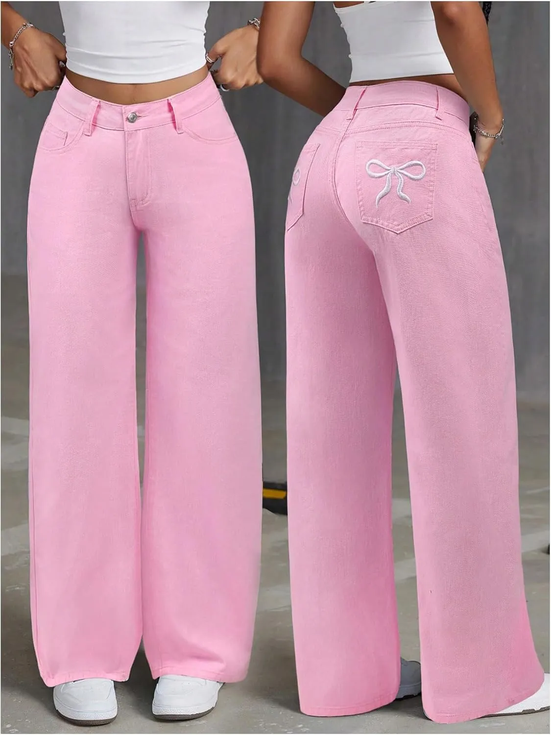 Floerns Women's Bowknot Embroidery Jeans Y2k Straight Leg Boyfriend Denim Pants