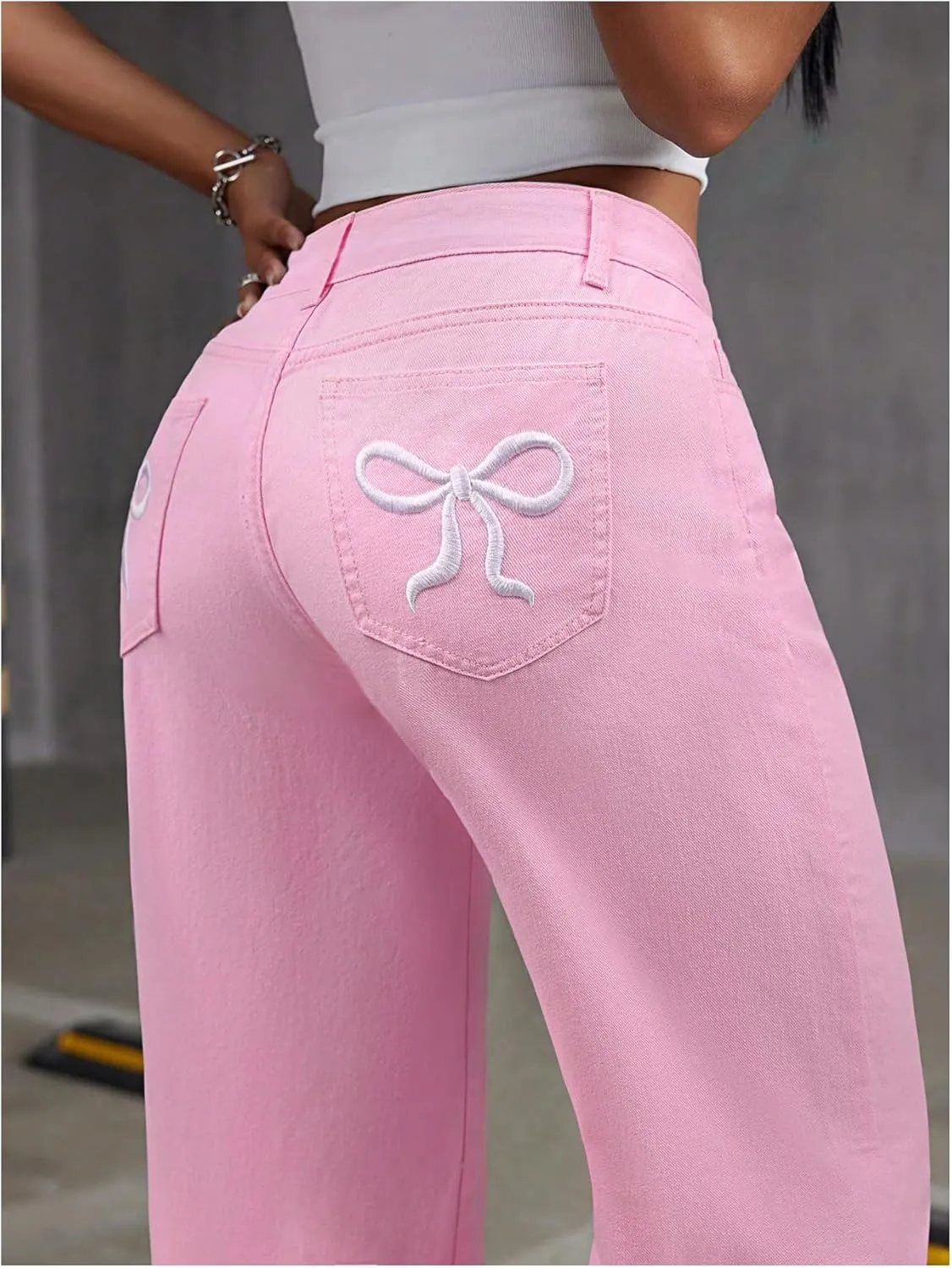 Floerns Women's Bowknot Embroidery Jeans Y2k Straight Leg Boyfriend Denim Pants