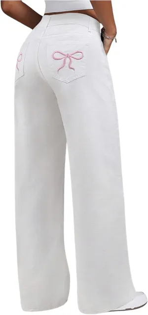 Floerns Women's Bowknot Embroidery Jeans Y2k Straight Leg Boyfriend Denim Pants
