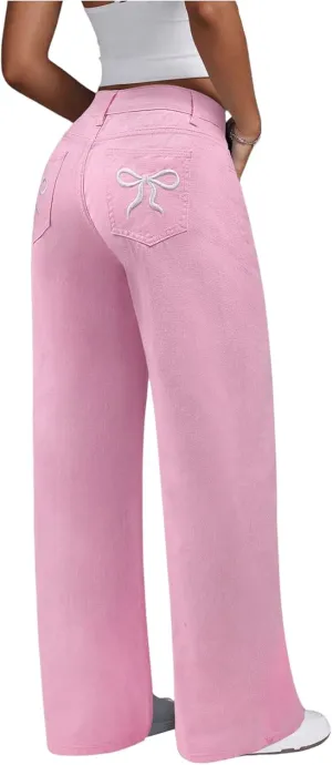 Floerns Women's Bowknot Embroidery Jeans Y2k Straight Leg Boyfriend Denim Pants