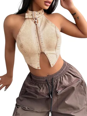 Floerns Women's Denim Backless Halter Zipper Cut Out Y2K Vest Streetwear Sleeveless Tank Tops
