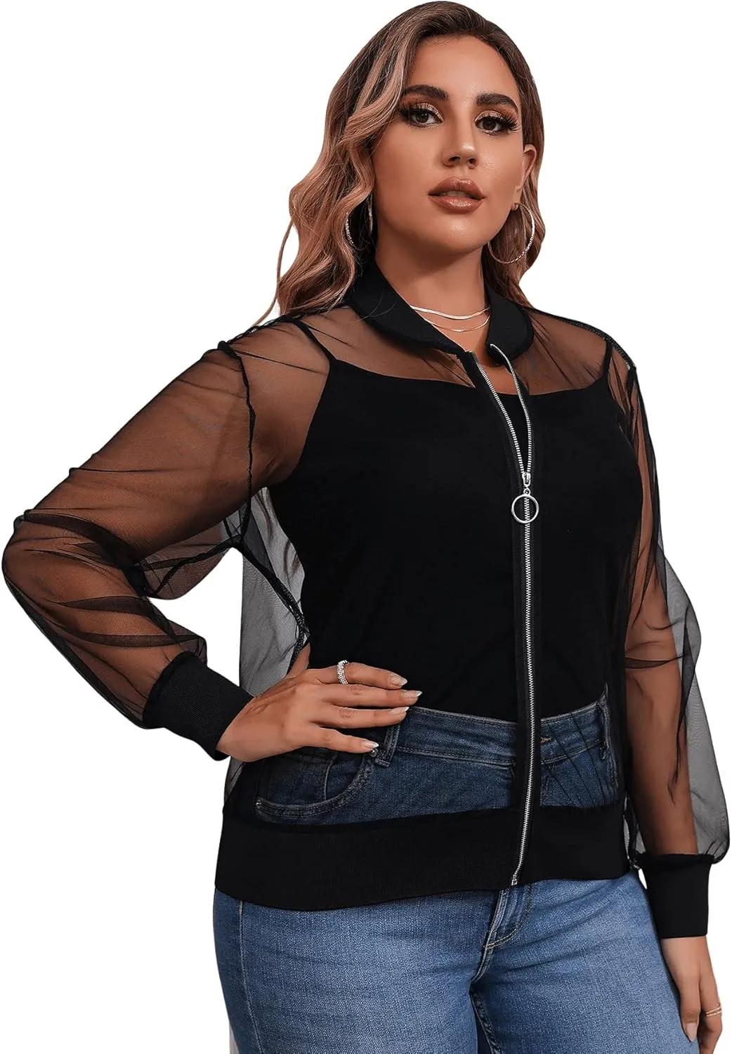 Floerns Women's Plus Size Sheer Floral Lace Long Sleeve Baseball Jacket