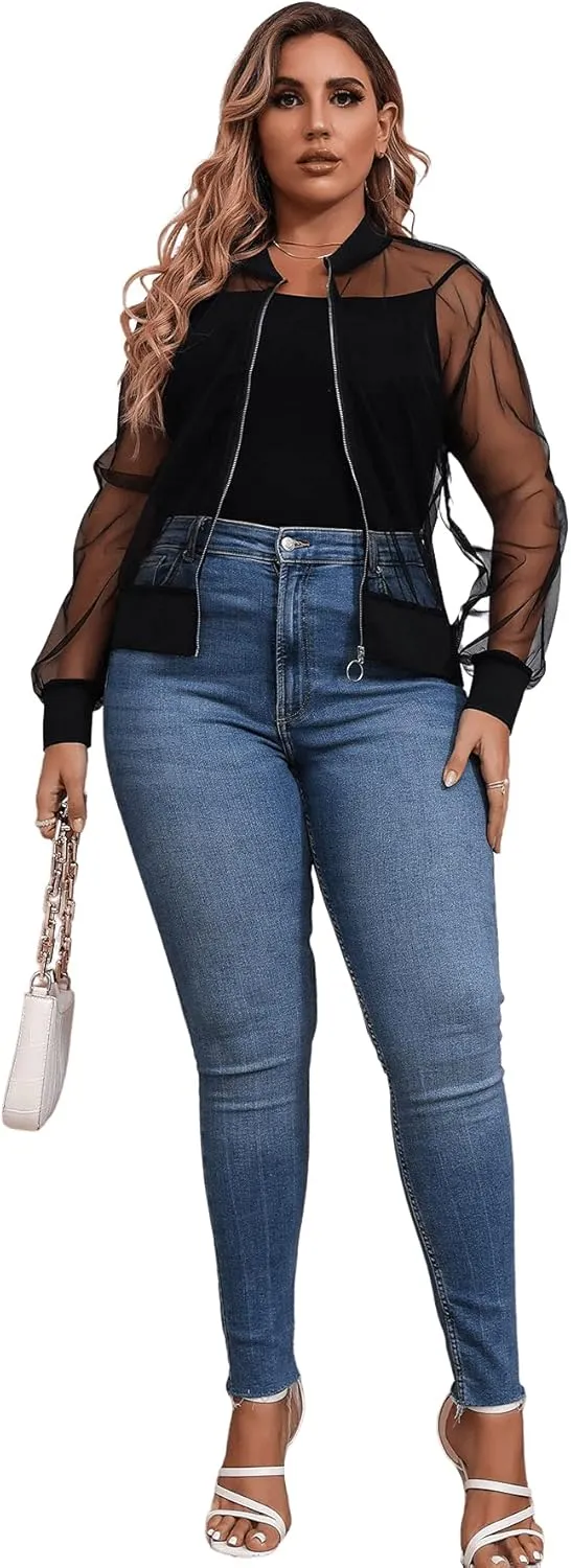 Floerns Women's Plus Size Sheer Floral Lace Long Sleeve Baseball Jacket