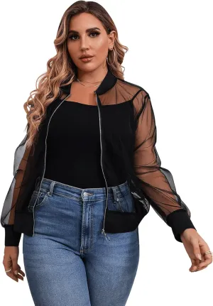 Floerns Women's Plus Size Sheer Floral Lace Long Sleeve Baseball Jacket
