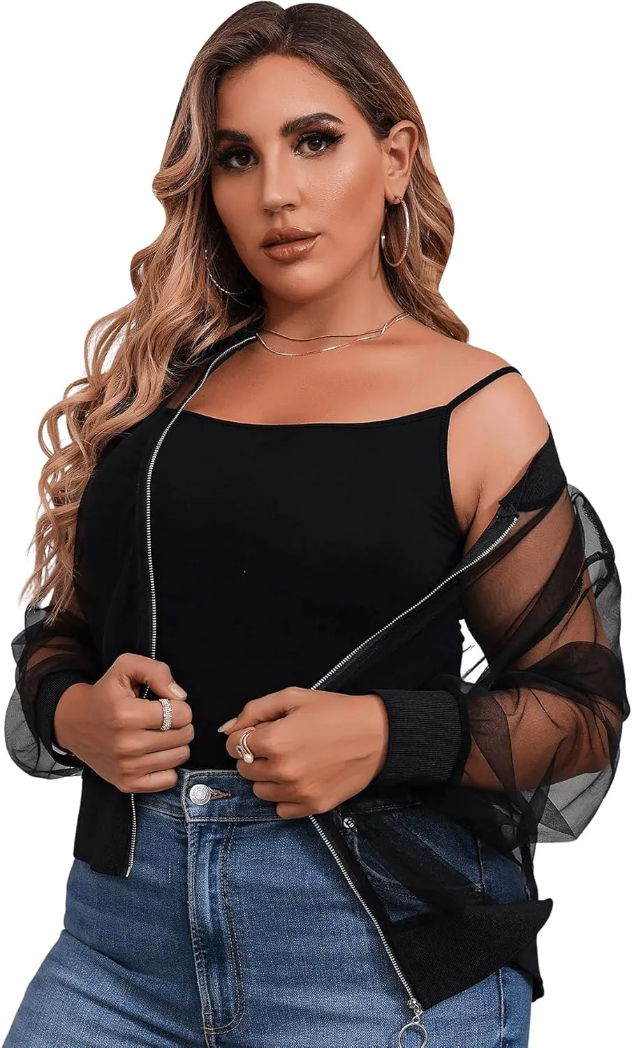 Floerns Women's Plus Size Sheer Floral Lace Long Sleeve Baseball Jacket