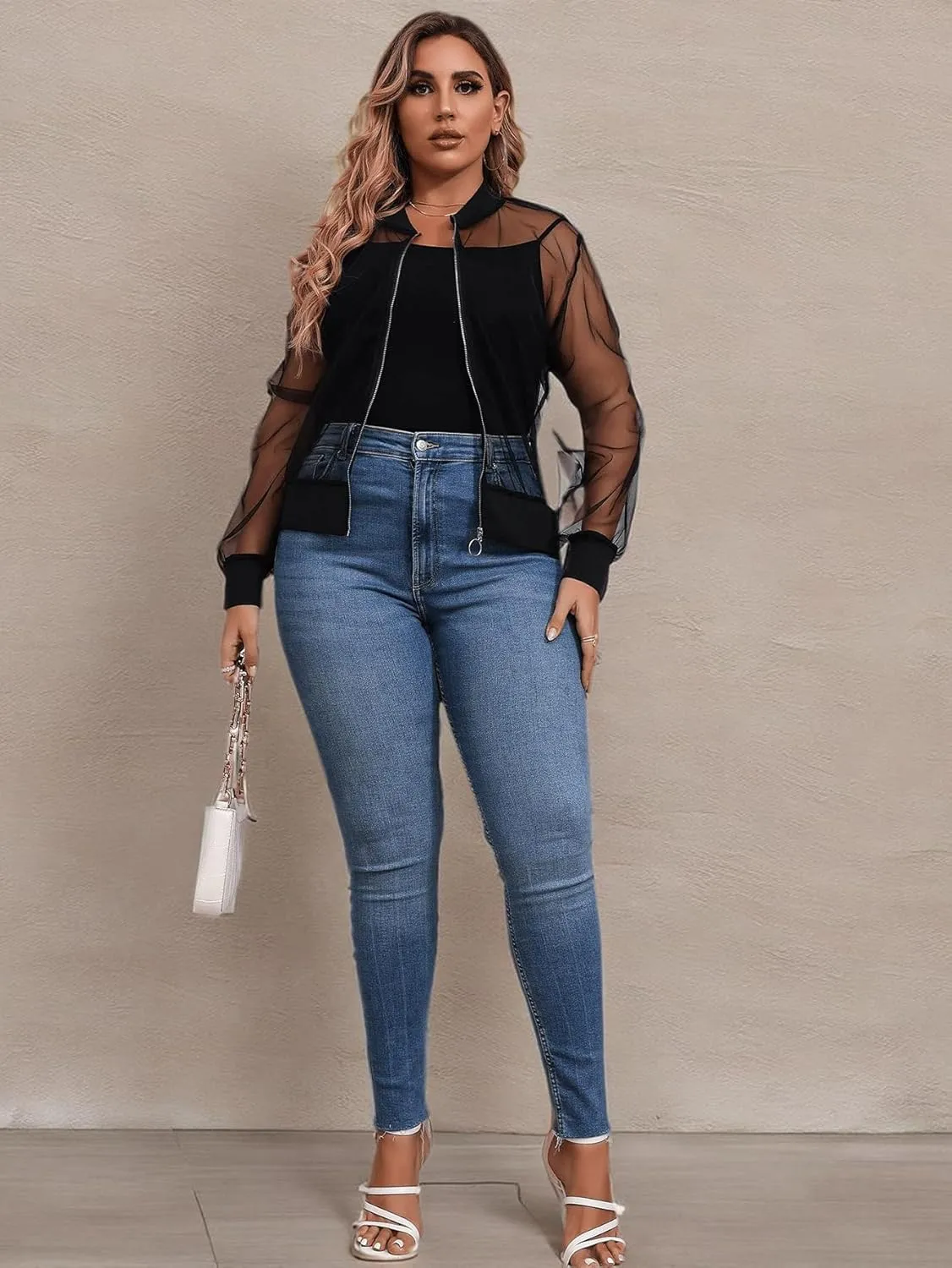 Floerns Women's Plus Size Sheer Floral Lace Long Sleeve Baseball Jacket