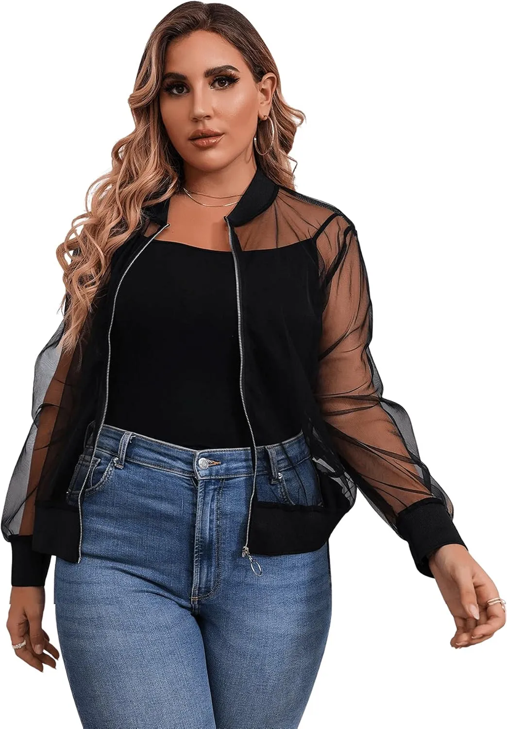 Floerns Women's Plus Size Sheer Floral Lace Long Sleeve Baseball Jacket