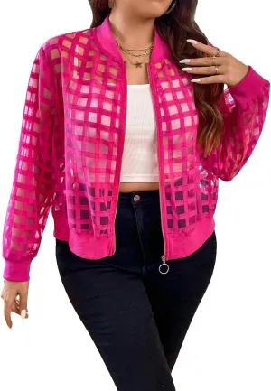 Floerns Women's Plus Size Sheer Floral Lace Long Sleeve Baseball Jacket