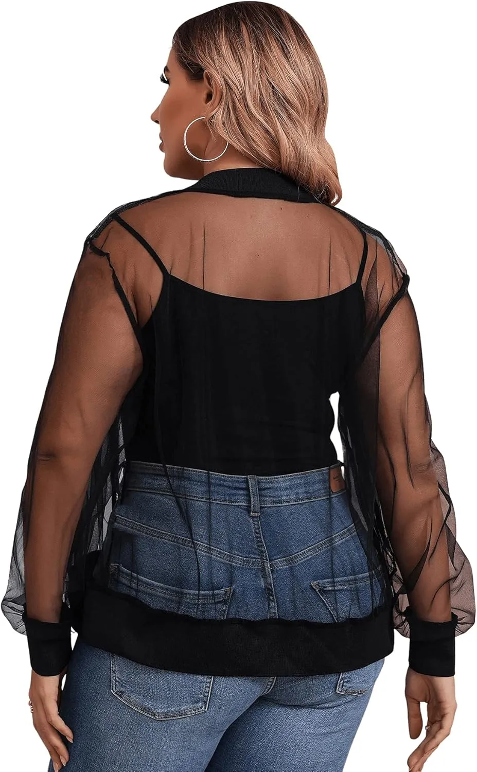 Floerns Women's Plus Size Sheer Floral Lace Long Sleeve Baseball Jacket