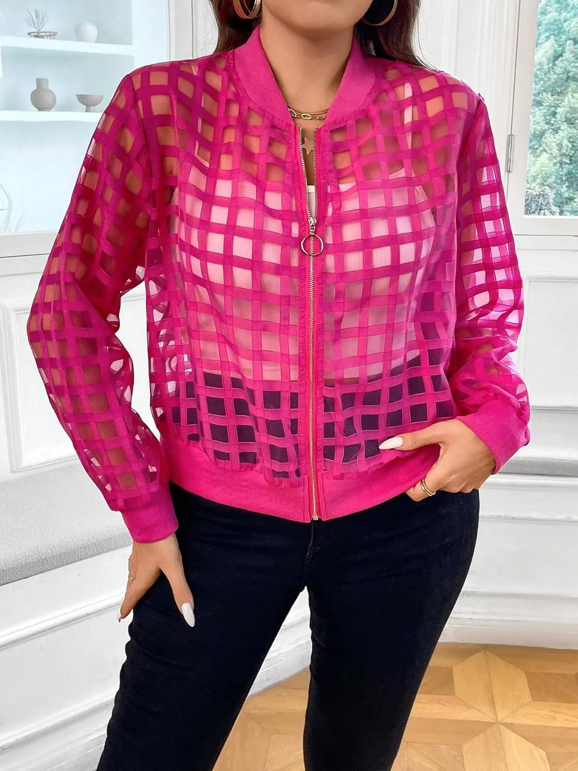 Floerns Women's Plus Size Sheer Floral Lace Long Sleeve Baseball Jacket