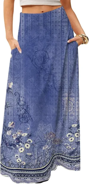 Floral Maxi Skirts for Women Trendy Summer Casual Flowy High Waisted Plus Size Long Boho Work Skirt with Pockets