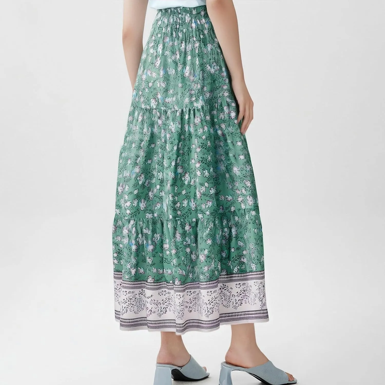 Floral Pleated Skirts for Women Midi Length Summer Casual Boho High Waisted Flowy Plus Size Tiered A Line Skirt
