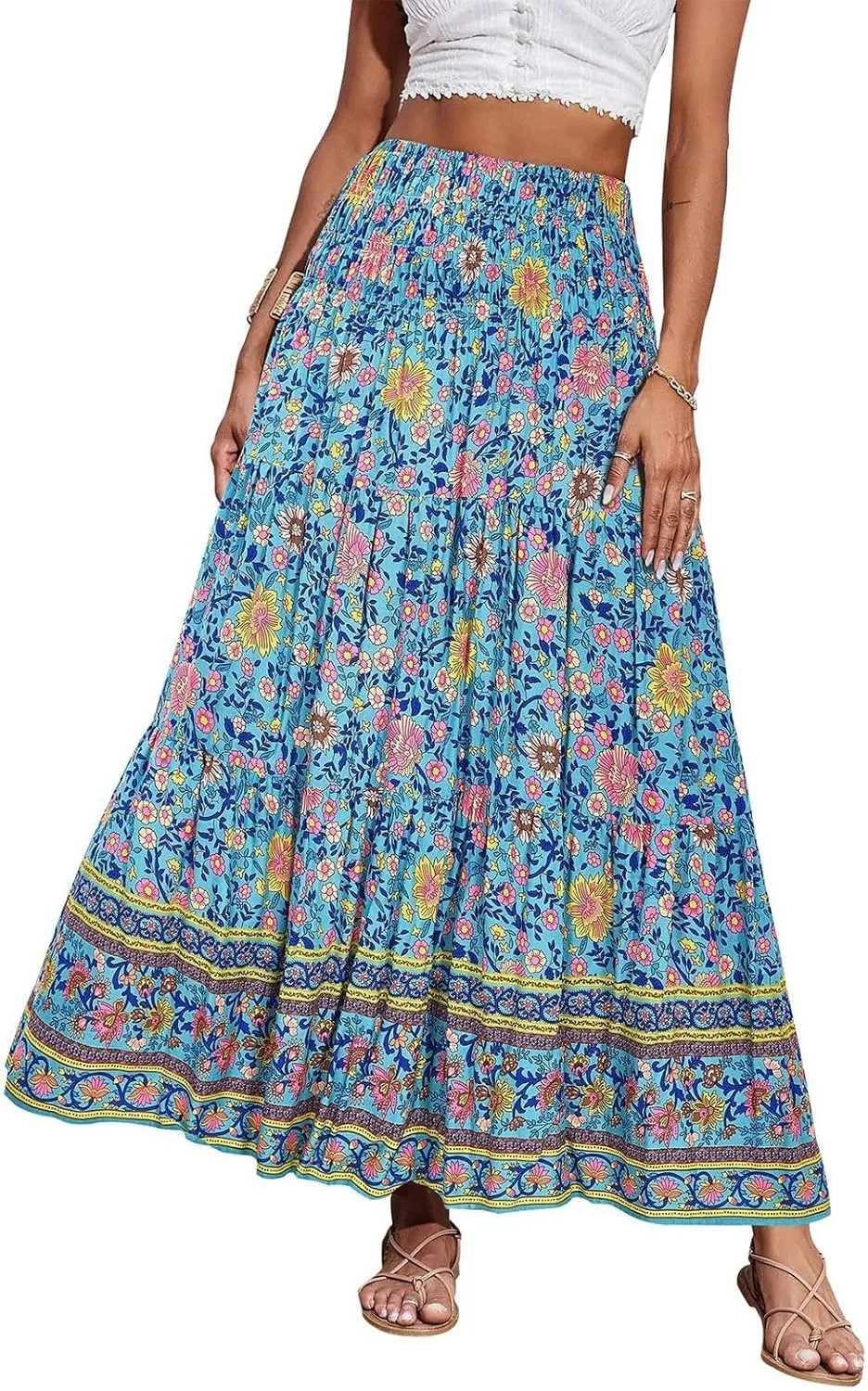 Floral Pleated Skirts for Women Midi Length Summer Casual Boho High Waisted Flowy Plus Size Tiered A Line Skirt